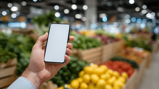 Close-up of a smartphone held in hand with empty display, background of neatly stacked fruits and vegetables, supermarket lights reflecting off glossy packaging - Powered by Adobe