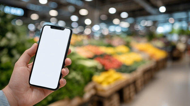 Close-up of a smartphone held in hand with empty display, background of neatly stacked fruits and vegetables, supermarket lights reflecting off glossy packaging
