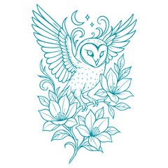 Mystische Eule mit Blumen und floralen Elementen - Spirituelles Vektor Ornament im modernen Tribal Stil in mint.