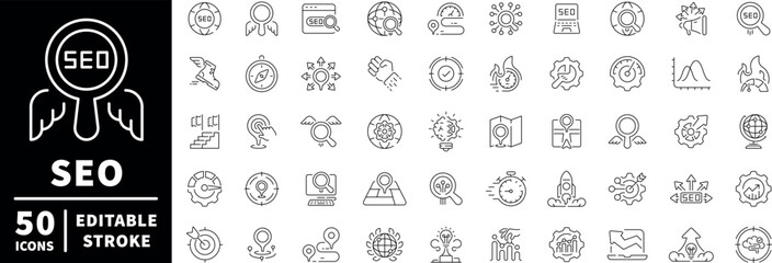 Seo and marketing icons set. editable line icons, analytics and strategy symbols