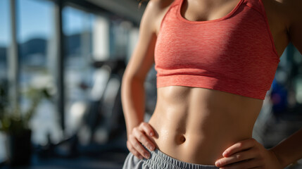 Close-up of toned abdomen of fit woman in bright sportswear, gym background blurred, sunlight highlighting definition of muscles and healthy skin
