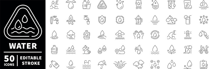 Water conservation icons set. editable line icons, outline, sustainability symbols