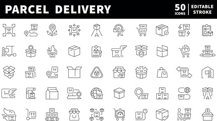 Parcel delivery icons set. editable line icons, flat, shipping and logistics symbols