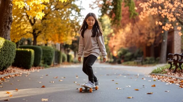 Young asian girl skateboarding down an autumn street