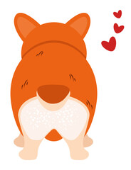Red dog with small tail shows affection. Simple vector textured drawing of pet from behind, isolated on background. Rear view. A symbol of love and affection for pets.