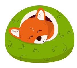 Little red fox cub lies in green soft house. Vector illustration of dog house with pet. Wild animal in domestic environment. Caring for animals on fur farm. Isolated sleeping baby.