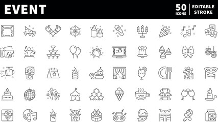 Event celebration icons set. editable line icons, outline, party and festivity symbols