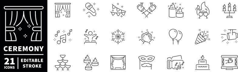 Ceremony and celebration icons set. editable line icons, festive and party essentials