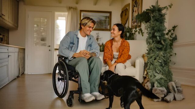 Happy disabled man with girlfriend and dog enjoying time at home