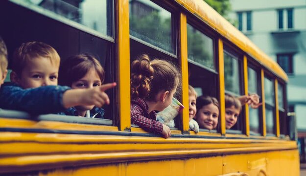 Cheerful elementary students looking out the school bus window
