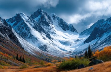 a panoramic view of the majestic mountain range at drift in canada, with golden and yellow hues on its peaks under dramatic clouds