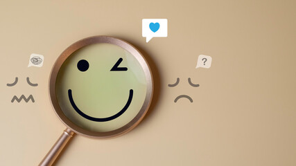 Mental health and psychology concept showing emotional shift from sad to happy with smiling face under magnifying glass. Ideal for therapy, mood improvement, and emotional satisfaction visuals.