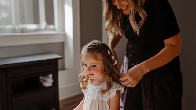 Loving mother styling her little daughter's hair