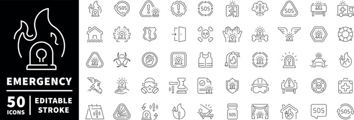 Emergency icons set. editable line icons, outline, safety and first aid symbols