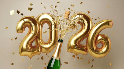 Happy New Year 2026. Champagne bottle pops with flying cork and splash under falling confetti.