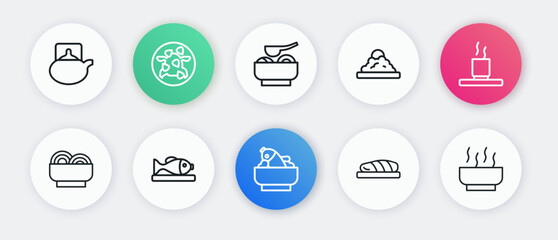 Set line Rice with fish in a bowl, Cup of tea, Asian noodles, Fish steak, Ramen soup, and Served on plate icon. Vector