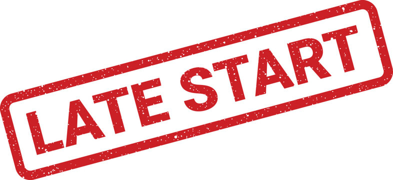 Red textured rubber stamp graphic stating LATE START, useful for indicating delayed commencement