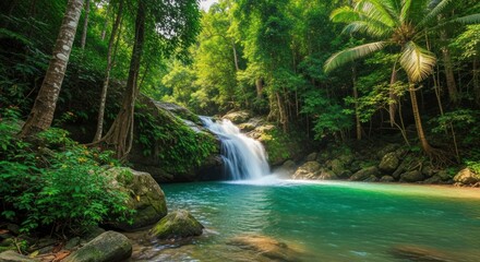 Tropical waterfall cascades into a clear turquoise pool surrounded by dense forest.