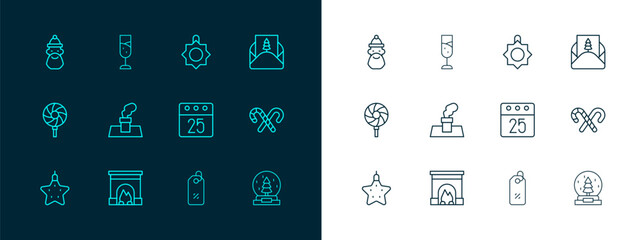 Set line Envelope, Interior fireplace, Christmas day calendar, Discount percent tag, chimney, toy, Santa Claus hat and beard and Glass of champagne icon. Vector