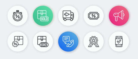 Set line Telephone 24 hours support, Megaphone, Cardboard box with discount, Stars rating, Discount percent tag, Delivery cargo truck, Mobile shopping and Item price dollar icon. Vector