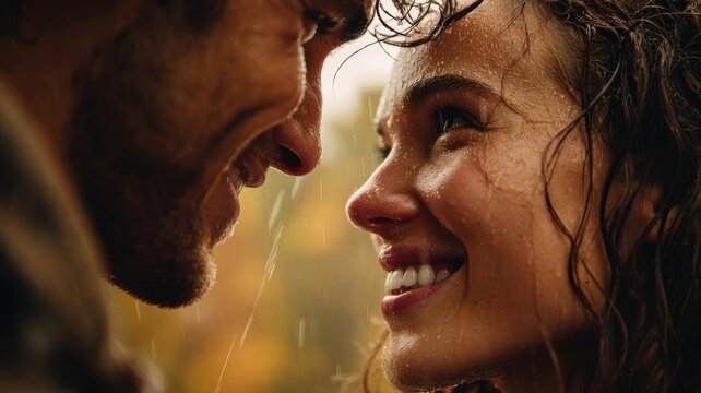 close-up of a couple smiling at each other in the rain, raindrops on their faces, autumn foliage blurred in background, soft golden hour light, romantic and emotional