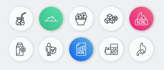 Set line Diet plan, Kcal, Lactose intolerance, Calorie calculator, No sugar free, Salad bowl, Human stomach health and Healthy lifestyle icon. Vector