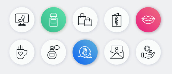 Set line 8 March in speech bubble, Smiling lips, Coffee cup and heart, Envelope with, Greeting card, Paper shopping bag, Female gender symbol and Perfume icon. Vector