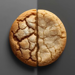 Vertical split image contrasting a rustic, warm-toned, cracked homemade cookie (left) with a uniform, perfectly smooth factory cookie (right) under cold light. 
