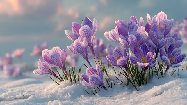 Hopeful and beautiful, photorealistic image of a cluster of vibrant purple crocuses pushing through a blanket of clean white snow in early spring.