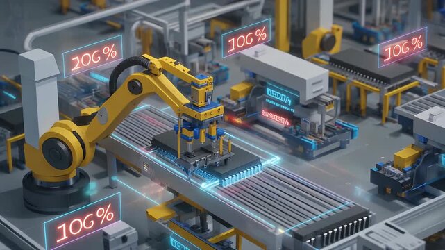 Automated yellow robotic arm performing precise assembly on a futuristic electronics production line with glowing digital interfaces.