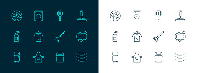 Set line Rubber cleaner for windows, Kitchen apron, plunger, Trash can, Drying clothes, Toilet brush, Water drop and Washer icon. Vector