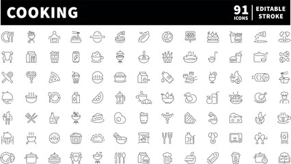 Cooking icons set. editable line icons for food, kitchen and culinary graphics