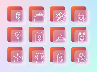 Set line Coffee cup and heart, Woman dress, Hanger wardrobe, Greeting card with 8 March, Calendar, Flower tulip, and Handbag icon. Vector