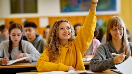Smart teenage girl raising hand to answer question in classroom