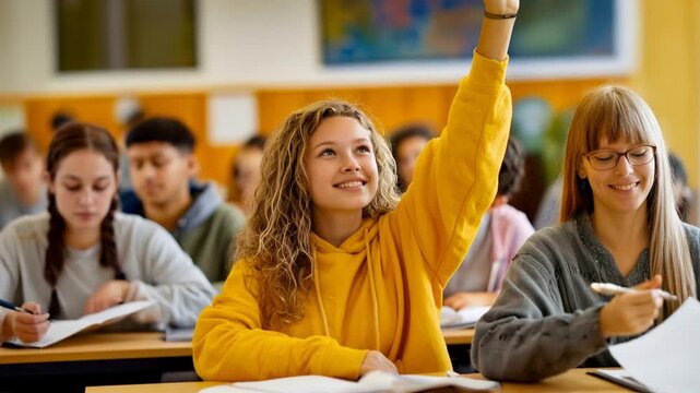 Smart teenage girl raising hand to answer question in classroom