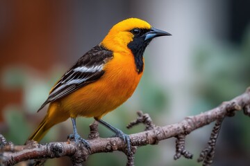 Fototapeta premium Vibrant Hooded Oriole: A Captivating Bird in Northern California's Depth of Field