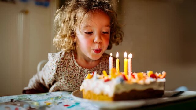 Adorable little girl blowing out birthday cake candles