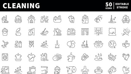 Cleaning icons set. editable line icons, outline style, maintenance and hygiene