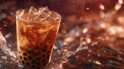 Glass of iced fruity bubble tea with bright boba pearls, splashes of water frozen mid-air, dramatic lighting creating sparkling reflections, ideal for beverage ads