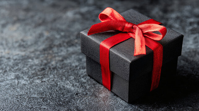 A neatly wrapped gift box, bound with a vibrant red ribbon, rests on a dark gray surface, awaiting its moment to bring joy. Gift-giving occasions.