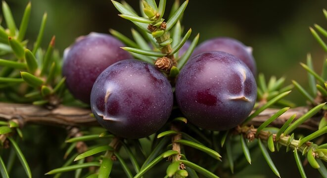 Macro view of ripe purple juniper berries (Juniperus communis) on a green branch with needles.