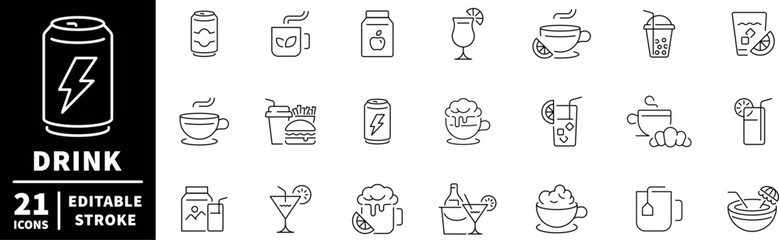 Drink and beverage icons set. editable line icons, flat, bar and refreshments symbols