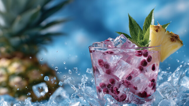 Fruity boba drink in close-up, ice cubes sparkling, water splashes around glass creating sense of movement, bright tropical color palette for advertising
