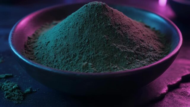 A mound of fine green powder sits in a dark bowl under vibrant neon lighting.