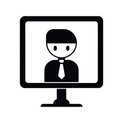 Minimal computer monitor head office worker, black filled cartoon, no outline, white background