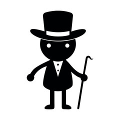 Minimal magician hat character, holding wand, solid black silhouette, white background, flat vector, no outlines