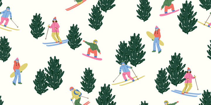Seamless pattern with skiers and snowboarders, winter background