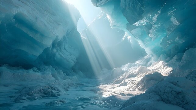 Sunlight beams illuminate a frozen ice cave interior.