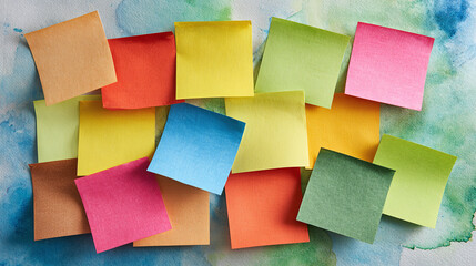 A vibrant collage of colorful square paper notes on a watercolor textured backdrop evokes creativity, ideas, and organized thoughts in a modern design.