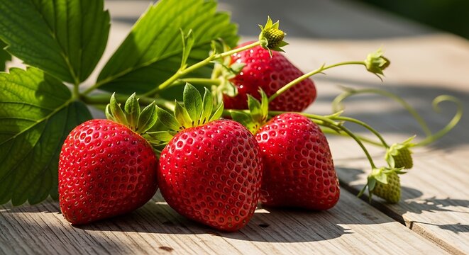 Sun-kissed ripe red strawberries with green leaves and stems on a rustic wooden surface.